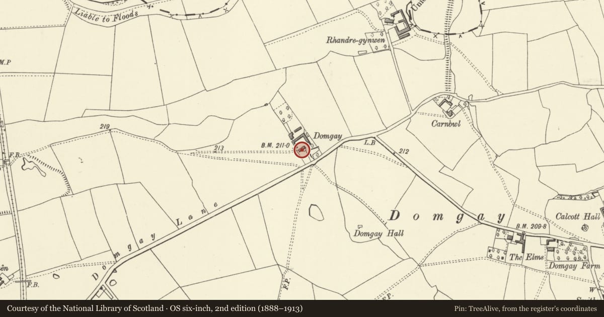 Ordnance Survey six-inch map, 2nd edition (1888–1913) covering the location of No. 1 Domgay Hall Cottages & outbuildings to rear, Llandysilio, Powys, with a pin at the register's coordinates