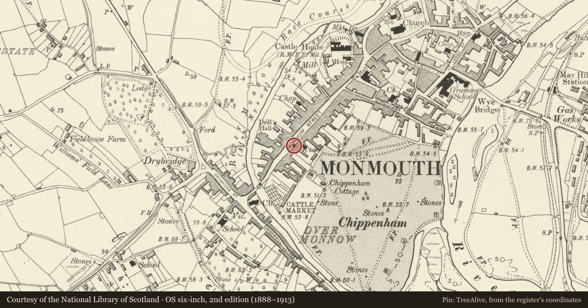Ordnance Survey six-inch map, 2nd edition (1888–1913) covering the location of 96 Monnow Street, Monmouth, Monmouthshire, with a pin at the register's coordinates