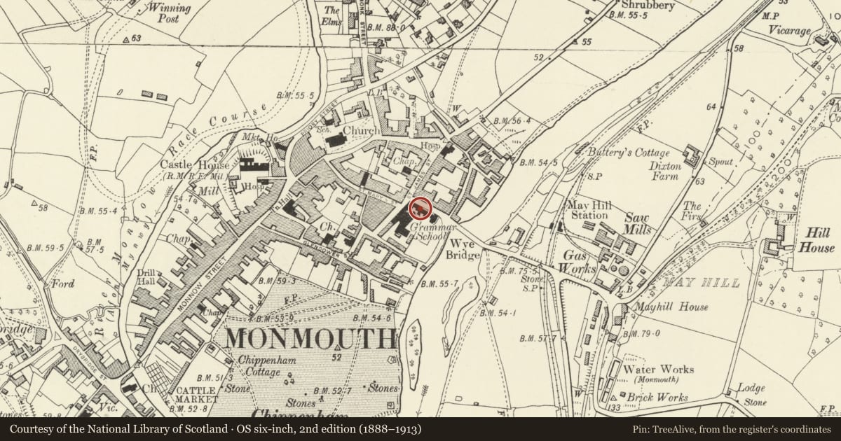 Ordnance Survey six-inch map, 2nd edition (1888–1913) covering the location of Day Houses and School House, Monmouth Boys School, Monmouthshire, with a pin at the register's coordinates