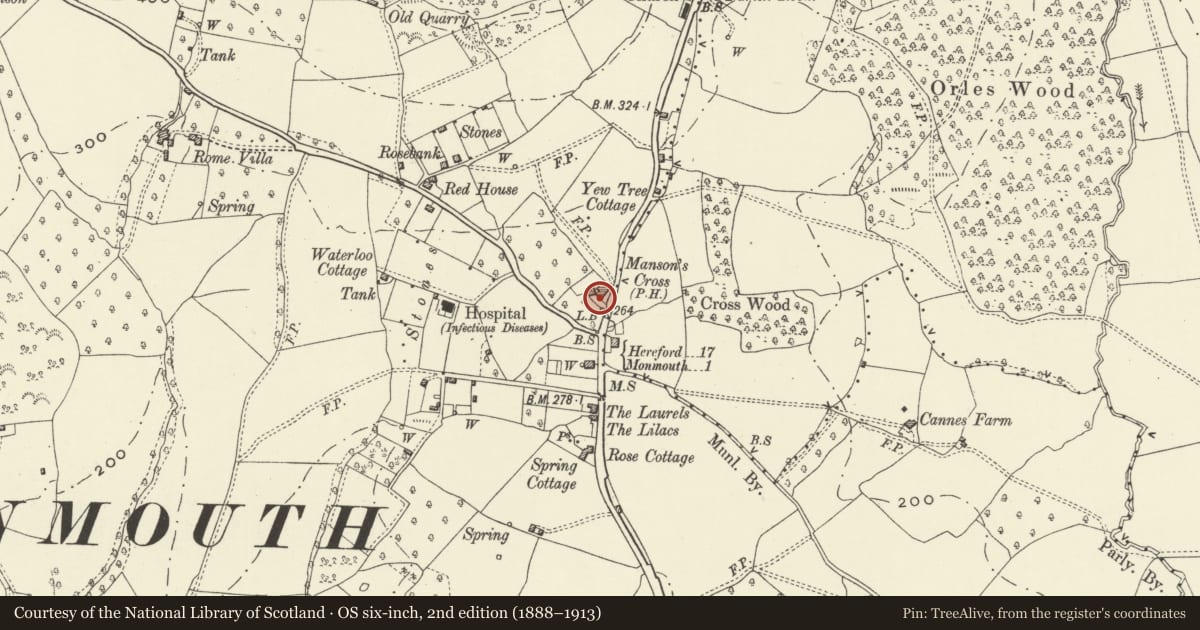Ordnance Survey six-inch map, 2nd edition (1888–1913) covering the location of Old Inn Cottage, Monmouth, Monmouthshire, with a pin at the register's coordinates