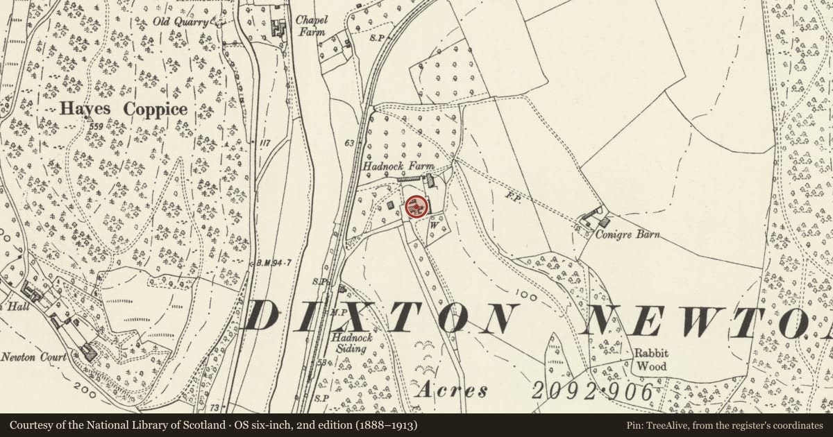 Ordnance Survey six-inch map, 2nd edition (1888–1913) covering the location of Barn at Hadnock Court, Monmouth, Monmouthshire, with a pin at the register's coordinates