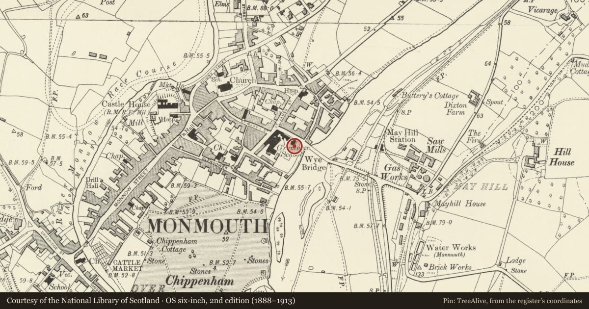 Ordnance Survey six-inch map, 2nd edition (1888–1913) covering the location of Design and Technology Centre, Monmouth Boys School, Monmouthshire, with a pin at the register's coordinates
