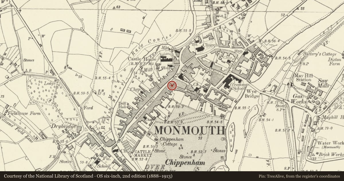 Ordnance Survey six-inch map, 2nd edition (1888–1913) covering the location of Coach House Restaurant (former stables), Monmouth, Monmouthshire, with a pin at the register's coordinates
