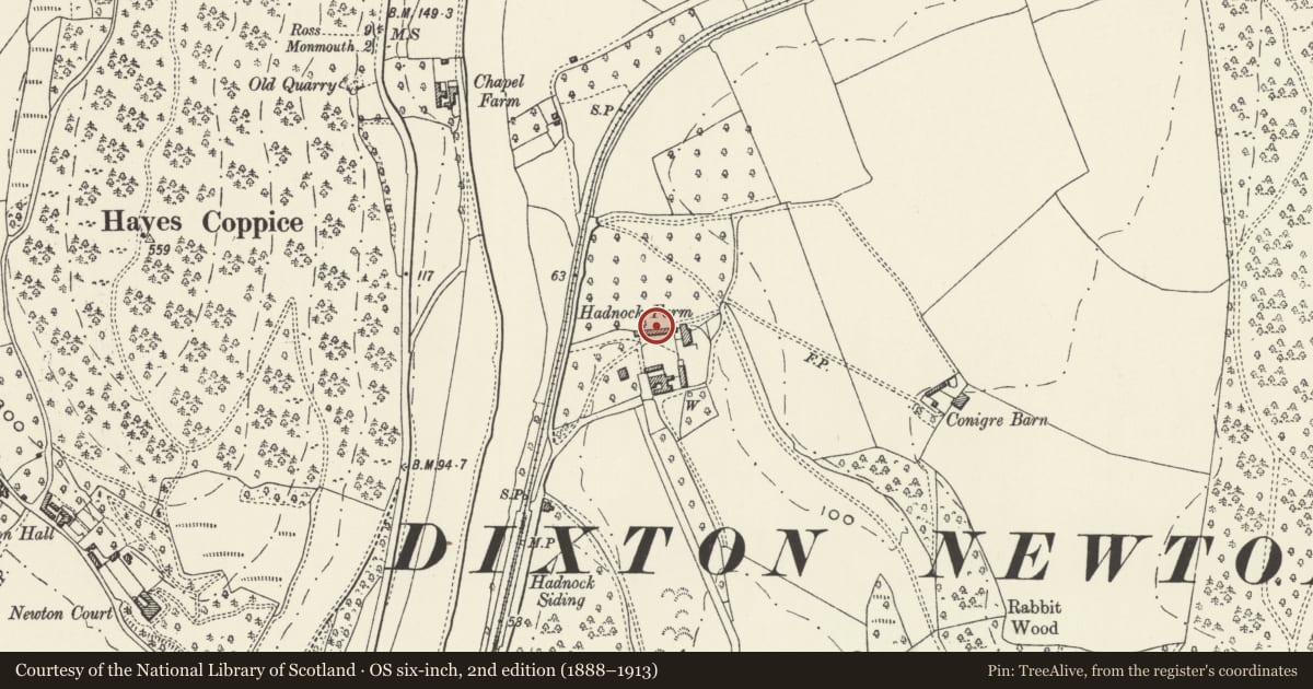 Ordnance Survey six-inch map, 2nd edition (1888–1913) covering the location of Combination Farm Building at Hadnock Court, Monmouth, Monmouthshire, with a pin at the register's coordinates