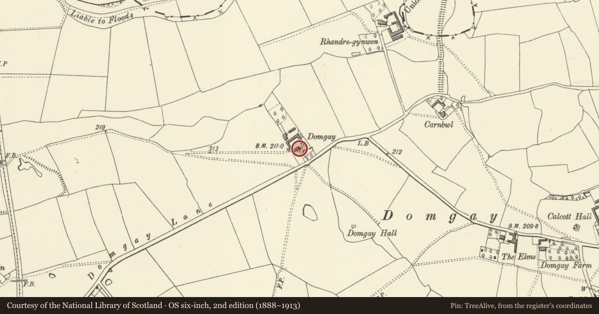 Ordnance Survey six-inch map, 2nd edition (1888–1913) covering the location of No.2 Domgay Hall cottages & outbuildings to rear, Llandysilio, Powys, with a pin at the register's coordinates