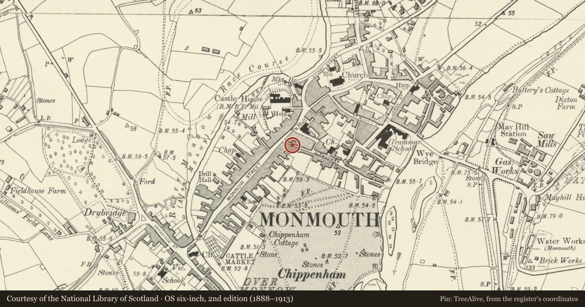 Ordnance Survey six-inch map, 2nd edition (1888–1913) covering the location of Coach House Restaurant, Monmouth, Monmouthshire, with a pin at the register's coordinates