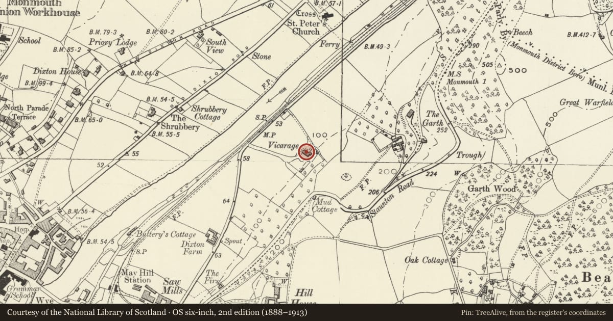 Ordnance Survey six-inch map, 2nd edition (1888–1913) covering the location of Dixton Lodge, Monmouth, Monmouthshire, with a pin at the register's coordinates