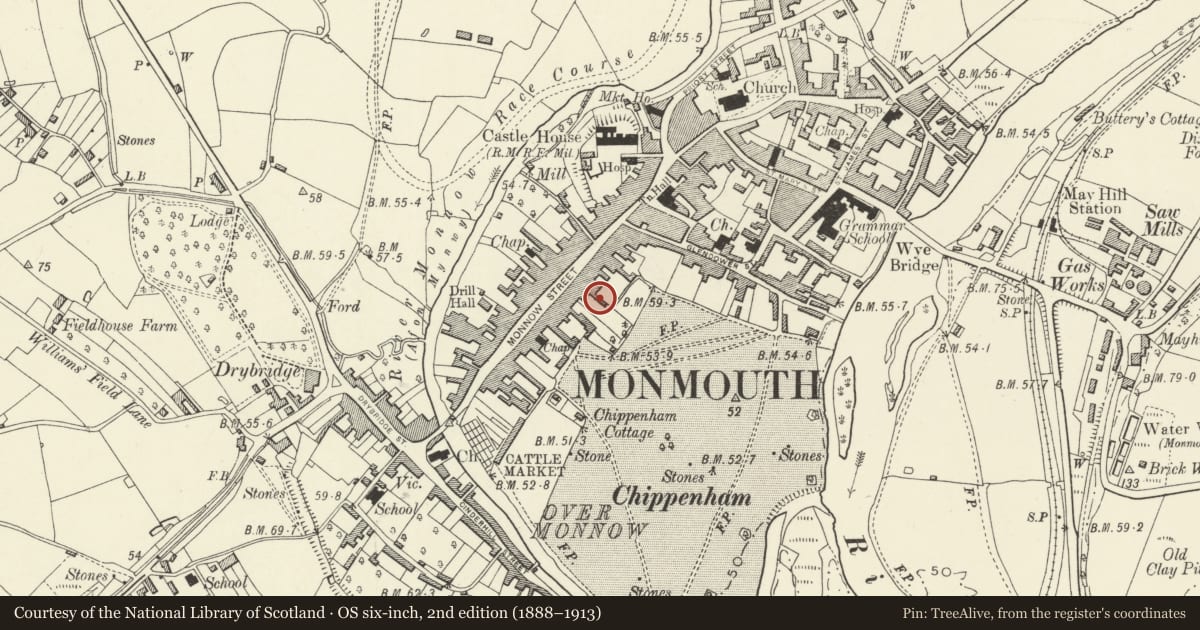 Ordnance Survey six-inch map, 2nd edition (1888–1913) covering the location of East Garden Wall of No.56, Monmouth, Monmouthshire, with a pin at the register's coordinates