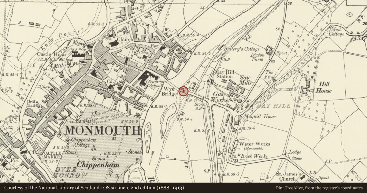 Ordnance Survey six-inch map, 2nd edition (1888–1913) covering the location of Flood arches in eastern approach causeway to Wye Bridge, Monmouth, Monmouthshire, with a pin at the register's coordinates