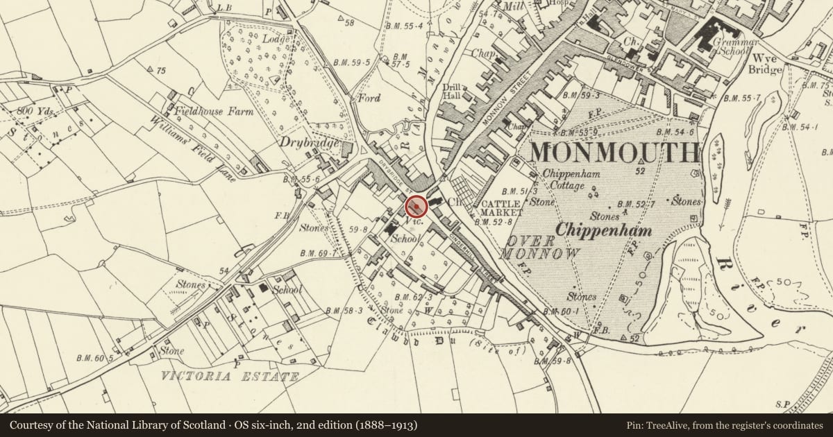 Ordnance Survey six-inch map, 2nd edition (1888–1913) covering the location of Former Coach-house of No. 21 (Overmonnow House), Monmouth, Monmouthshire, with a pin at the register's coordinates