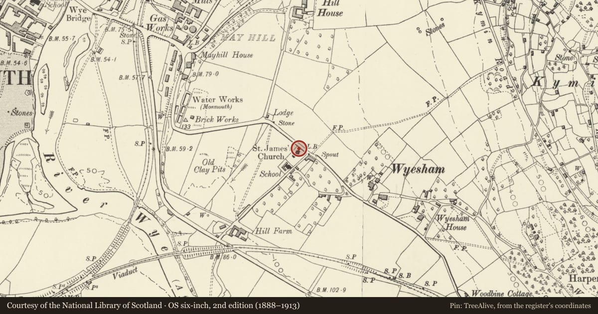 Ordnance Survey six-inch map, 2nd edition (1888–1913) covering the location of Gatepiers and Gates of Church of St. James, Monmouth, Monmouthshire, with a pin at the register's coordinates