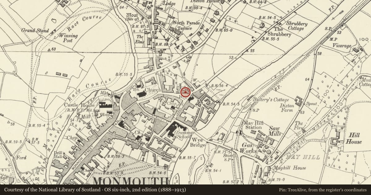 Ordnance Survey six-inch map, 2nd edition (1888–1913) covering the location of 16 St. James' Square, Monmouth, Monmouthshire, with a pin at the register's coordinates