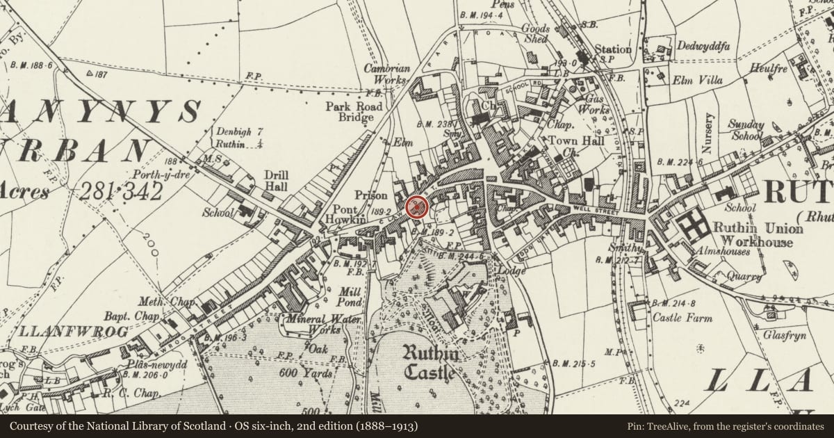 Ordnance Survey six-inch map, 2nd edition (1888–1913) covering the location of 33 Clwyd Street, Ruthin, Denbighshire, with a pin at the register's coordinates