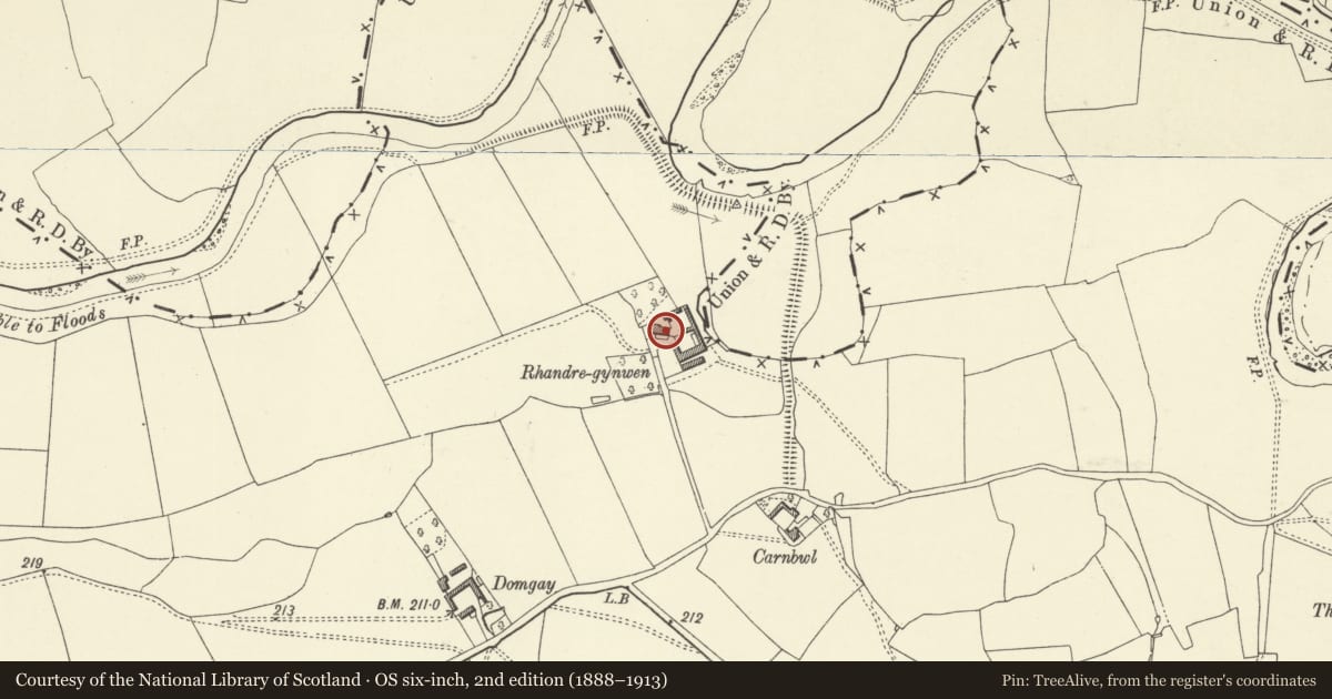 Ordnance Survey six-inch map, 2nd edition (1888–1913) covering the location of Rhandregynwen Farmhouse, Llandysilio, Powys, with a pin at the register's coordinates