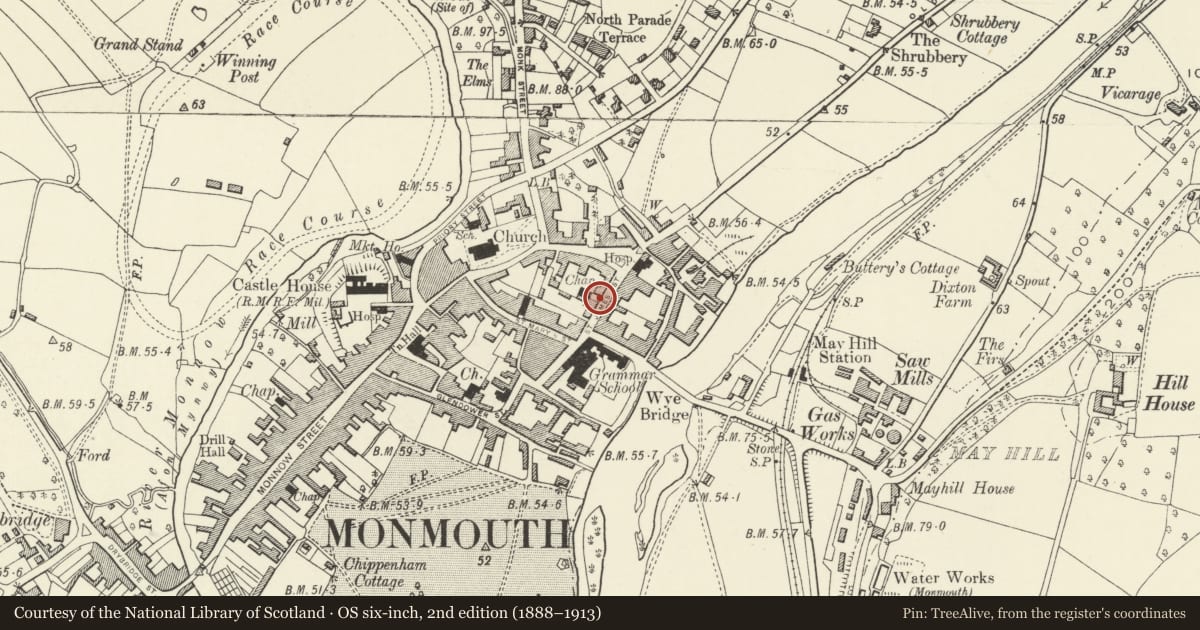 Ordnance Survey six-inch map, 2nd edition (1888–1913) covering the location of Gatepiers, Gates and Railings of Wesleyan Methodist Chapel, Monmouth, Monmouthshire, with a pin at the register's coordinates