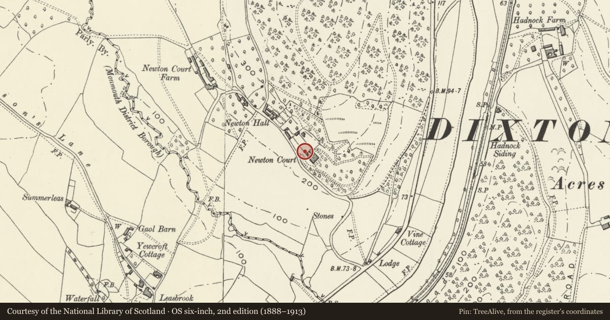 Ordnance Survey six-inch map, 2nd edition (1888–1913) covering the location of Gatepiers, Gates and wing walls at Newton Court, Monmouth, Monmouthshire, with a pin at the register's coordinates
