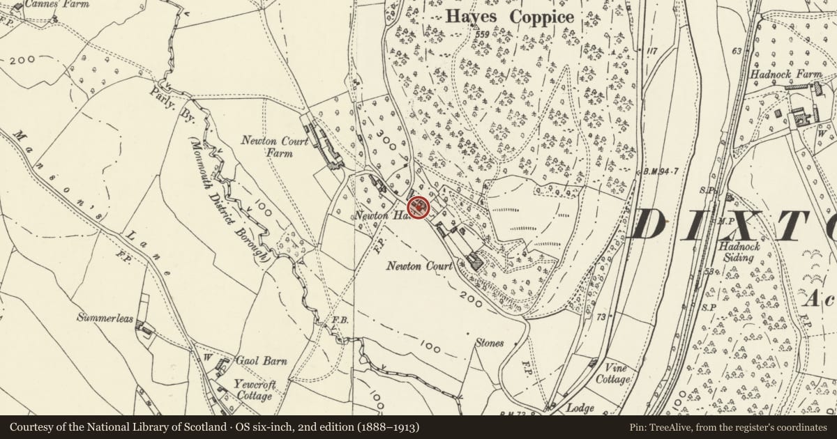 Ordnance Survey six-inch map, 2nd edition (1888–1913) covering the location of Gates and Railings of Newton Hall, Monmouth, Monmouthshire, with a pin at the register's coordinates