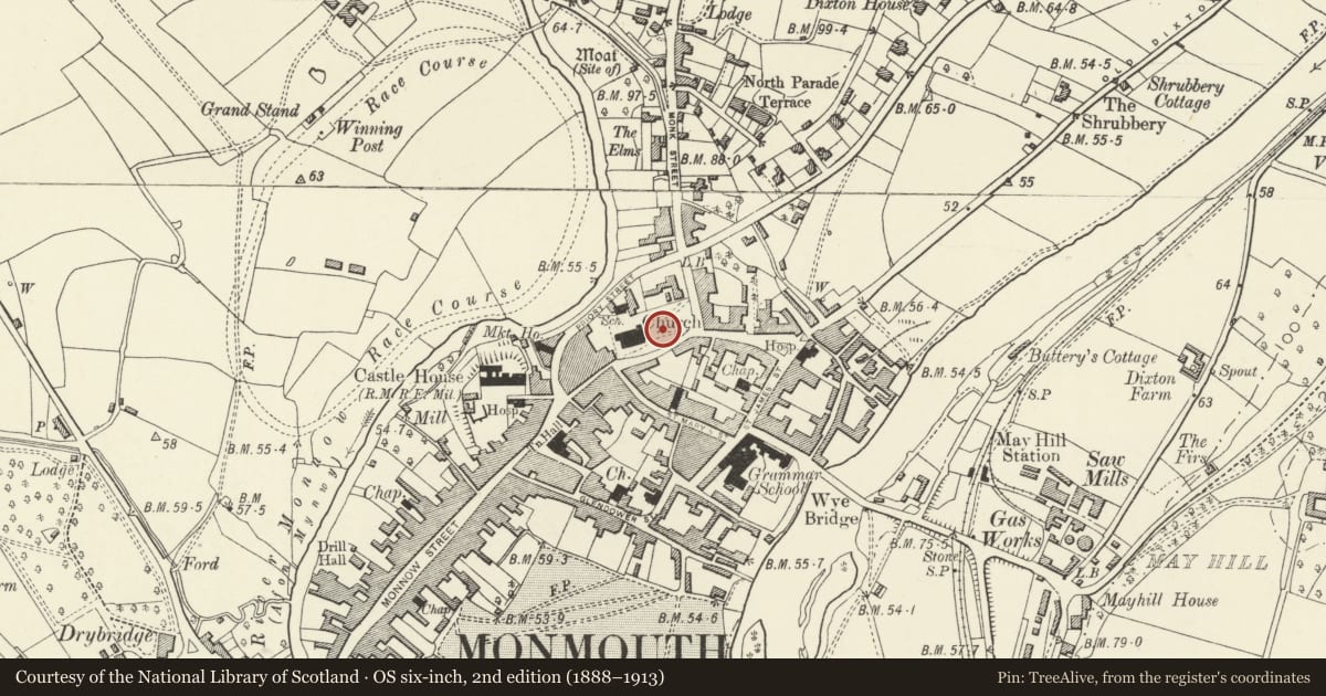 Ordnance Survey six-inch map, 2nd edition (1888–1913) covering the location of Gravestone of John Renie in Churchyard of Church of St. Mary, Monmouth, Monmouthshire, with a pin at the register's coordinates