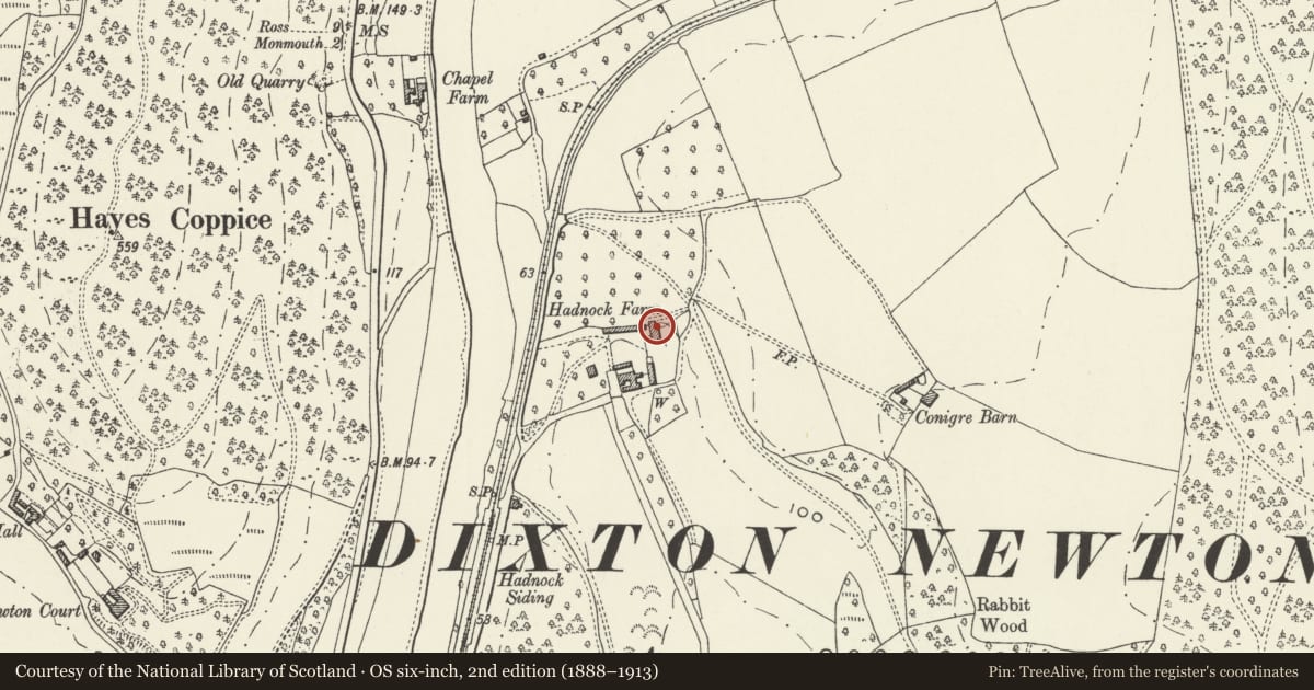 Ordnance Survey six-inch map, 2nd edition (1888–1913) covering the location of Hadnock Court, Monmouth, Monmouthshire, with a pin at the register's coordinates