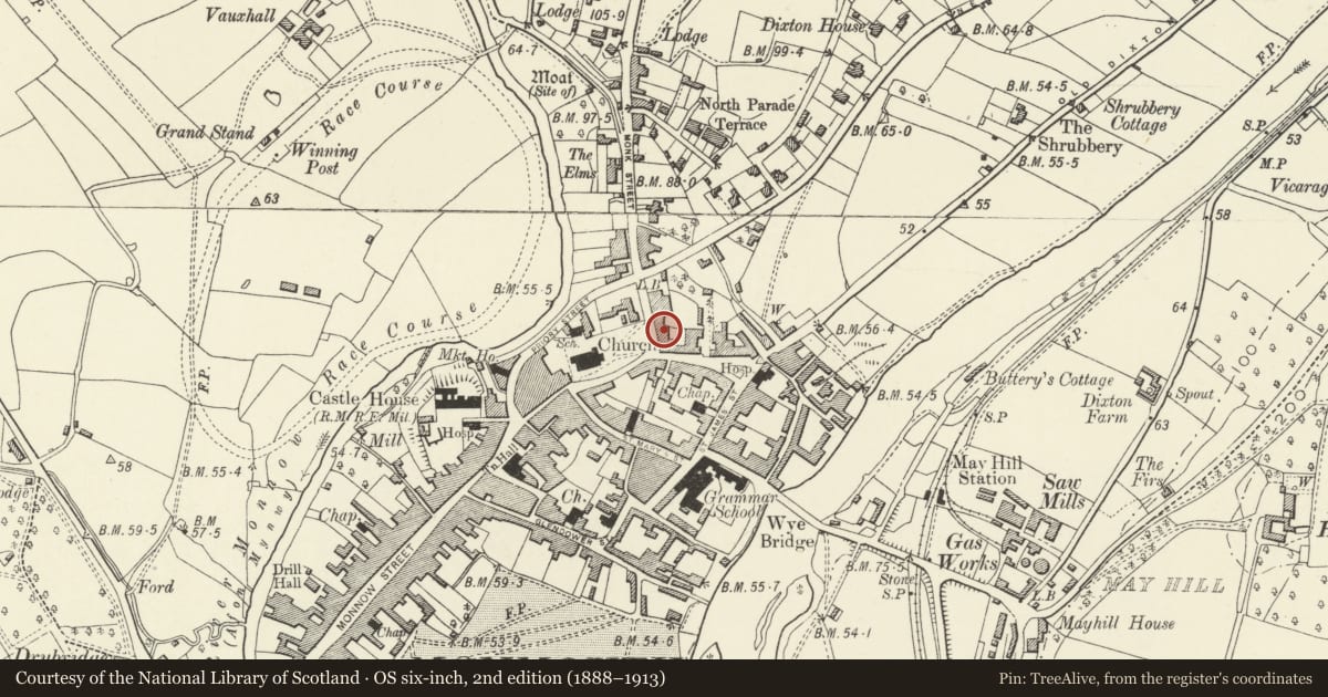 Ordnance Survey six-inch map, 2nd edition (1888–1913) covering the location of Art Gallery and Shop (former Working Men's Free Institute), Monmouth, Monmouthshire, with a pin at the register's coordinates