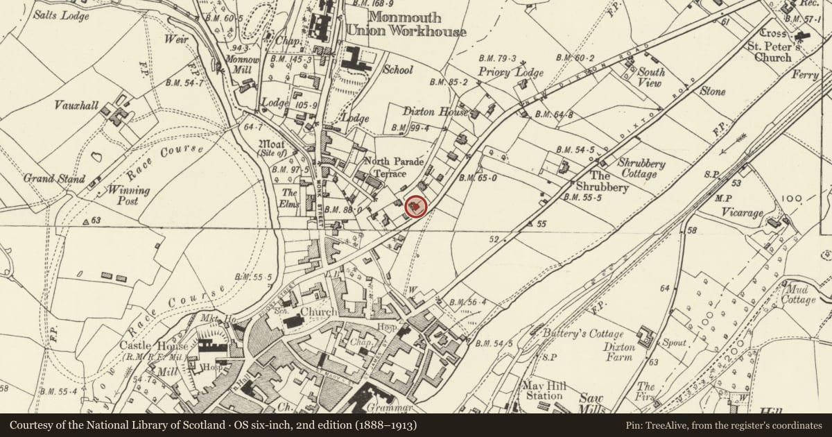 Ordnance Survey six-inch map, 2nd edition (1888–1913) covering the location of Laurel Bank, Monmouth, Monmouthshire, with a pin at the register's coordinates