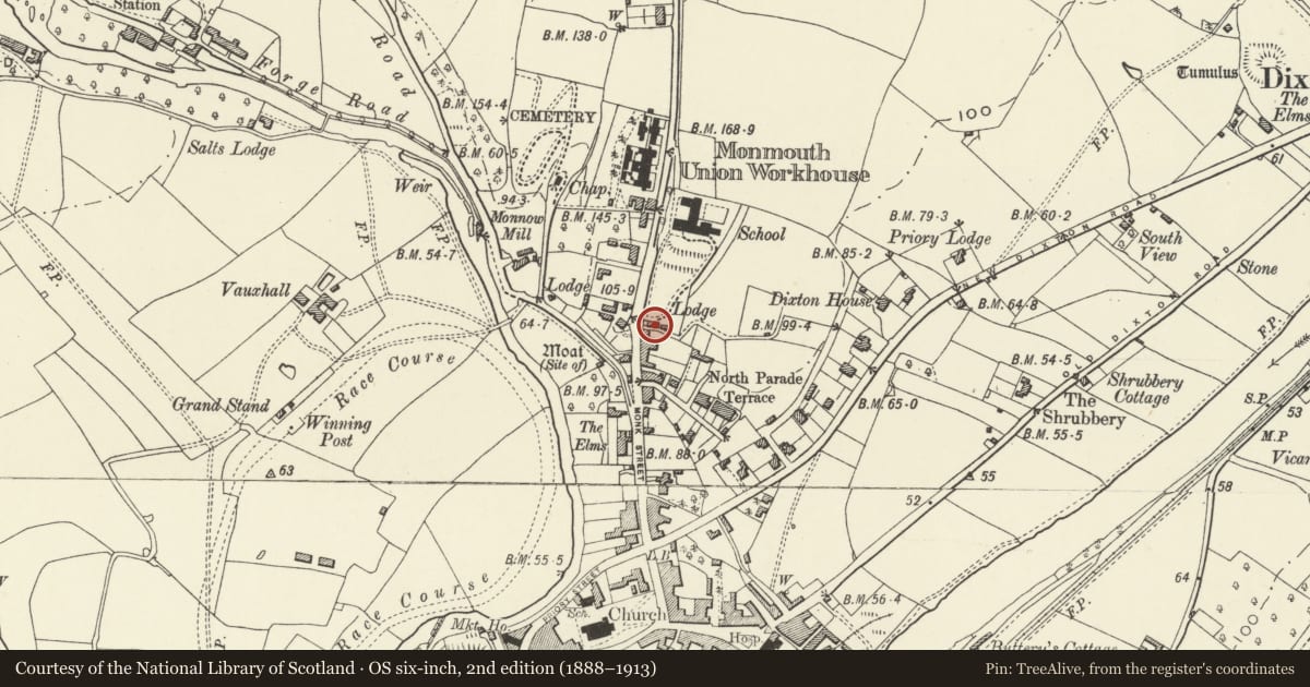 Ordnance Survey six-inch map, 2nd edition (1888–1913) covering the location of Lodge of Haberdashers' Monmouth School for Girls, Monmouthshire, with a pin at the register's coordinates