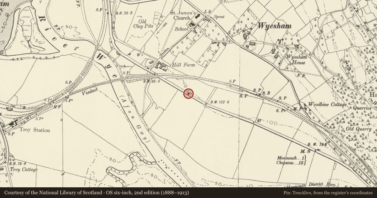 Ordnance Survey six-inch map, 2nd edition (1888–1913) covering the location of Milestone '1mile to Monmouth', Monmouthshire, with a pin at the register's coordinates