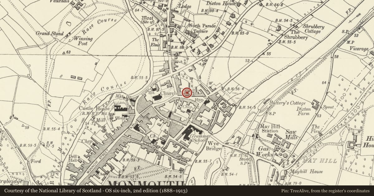 Ordnance Survey six-inch map, 2nd edition (1888–1913) covering the location of Monmouth Public Library (formerly Rolls Hall), Monmouthshire, with a pin at the register's coordinates