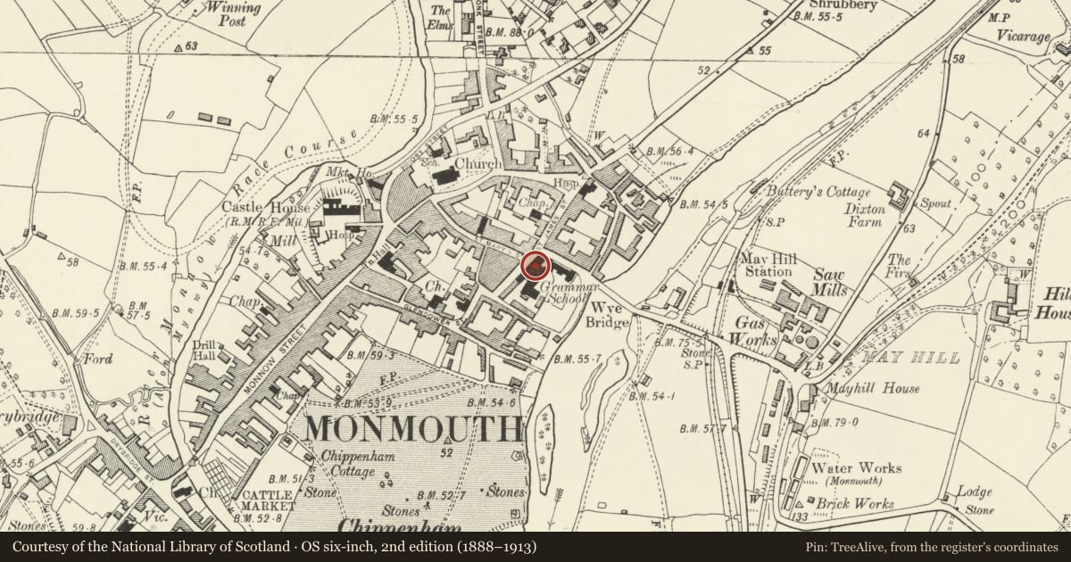 Ordnance Survey six-inch map, 2nd edition (1888–1913) covering the location of Chapel and Library, Monmouth Boys School, Monmouthshire, with a pin at the register's coordinates