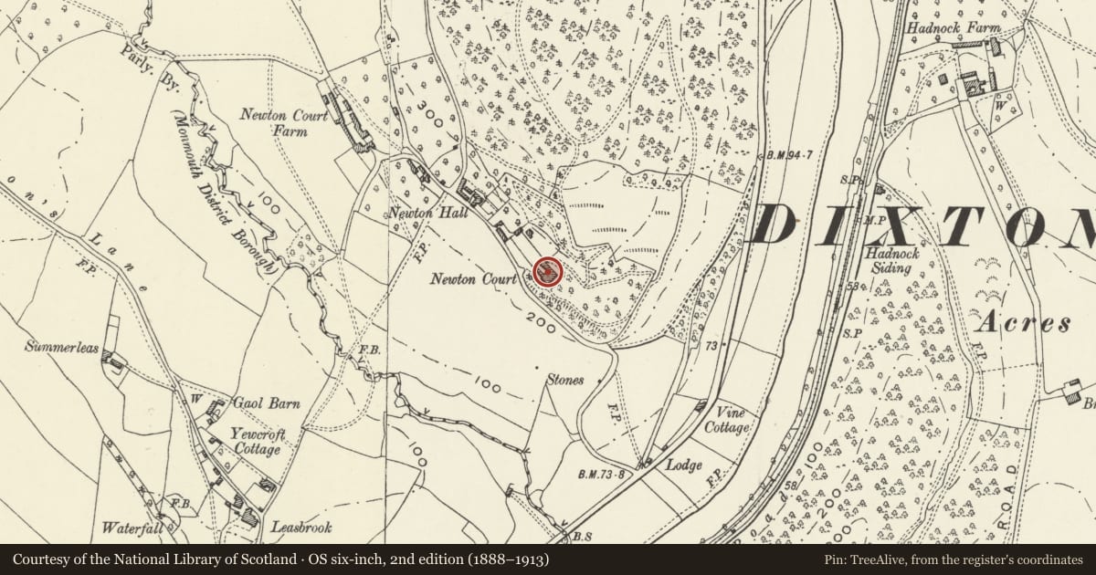 Ordnance Survey six-inch map, 2nd edition (1888–1913) covering the location of Newton Court, including attached stable buildings and screen wall to stable court, Monmouth, Monmouthshire, with a pin at the register's coordinates