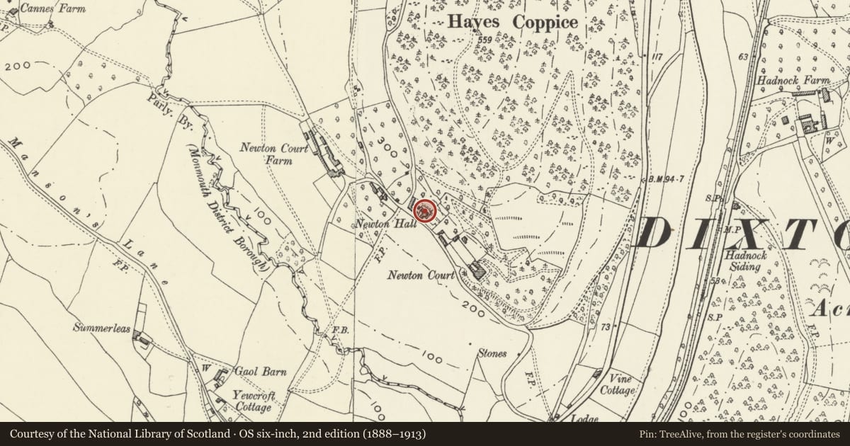 Ordnance Survey six-inch map, 2nd edition (1888–1913) covering the location of Newton Hall, Monmouth, Monmouthshire, with a pin at the register's coordinates