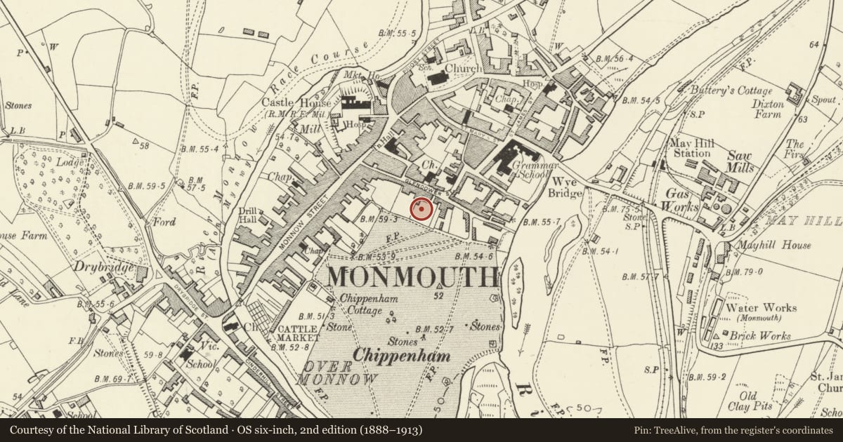 Ordnance Survey six-inch map, 2nd edition (1888–1913) covering the location of Henry Burton Court, Monmouth, Monmouthshire, with a pin at the register's coordinates