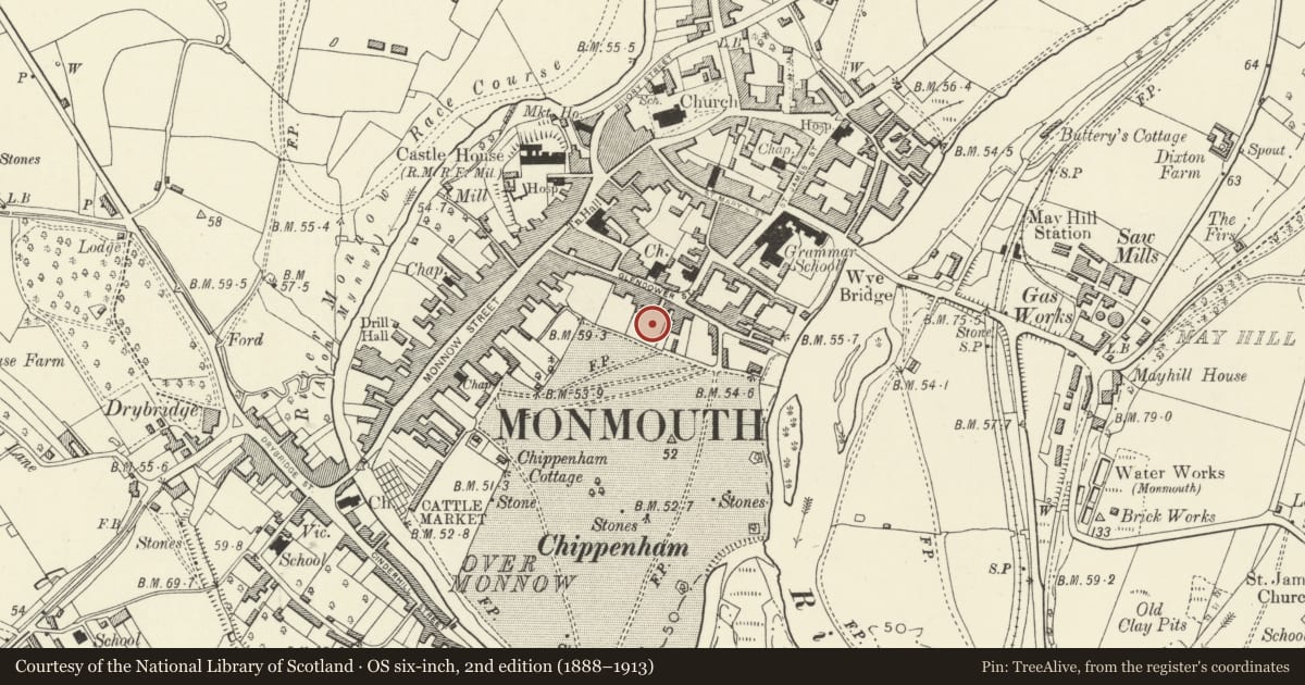Ordnance Survey six-inch map, 2nd edition (1888–1913) covering the location of Henry Burton Court, Monmouth, Monmouthshire, with a pin at the register's coordinates