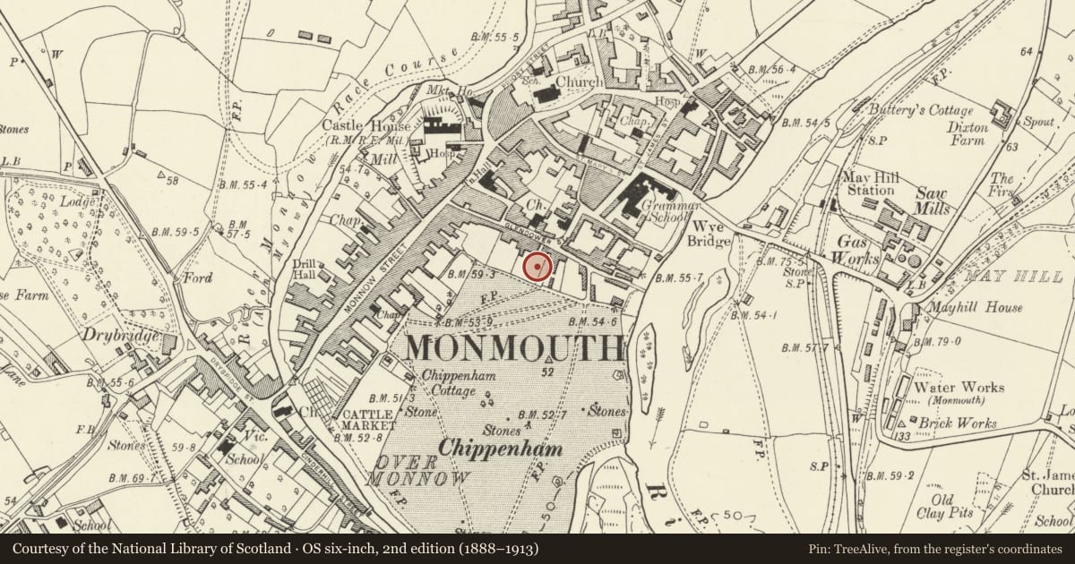 Ordnance Survey six-inch map, 2nd edition (1888–1913) covering the location of Henry Burton Court, Monmouth, Monmouthshire, with a pin at the register's coordinates