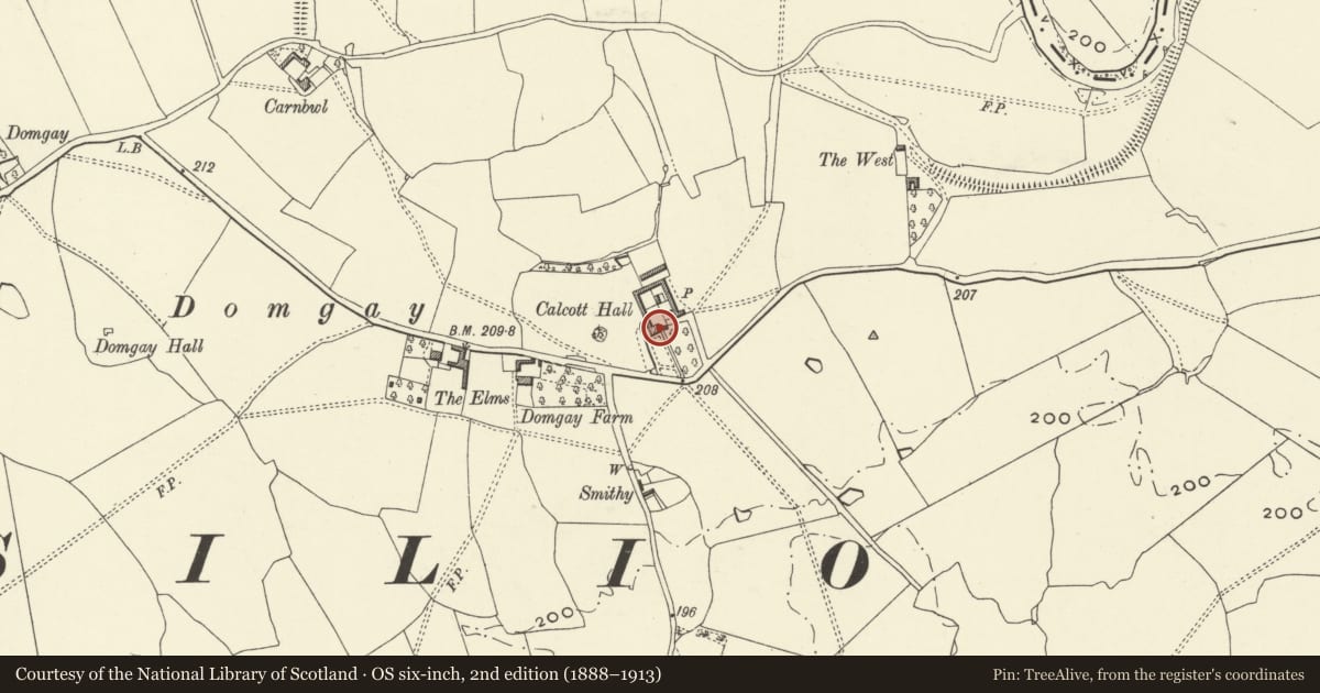 Ordnance Survey six-inch map, 2nd edition (1888–1913) covering the location of Calcott Hall, Llandysilio, Powys, with a pin at the register's coordinates