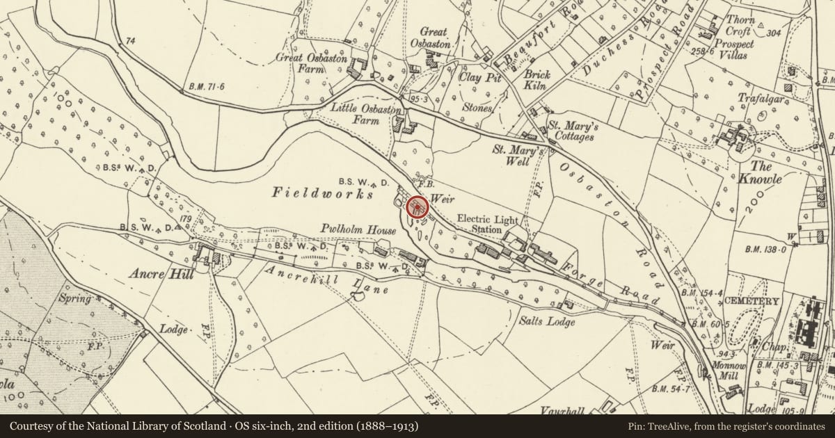 Ordnance Survey six-inch map, 2nd edition (1888–1913) covering the location of Osbaston Weir, Monmouth, Monmouthshire, with a pin at the register's coordinates