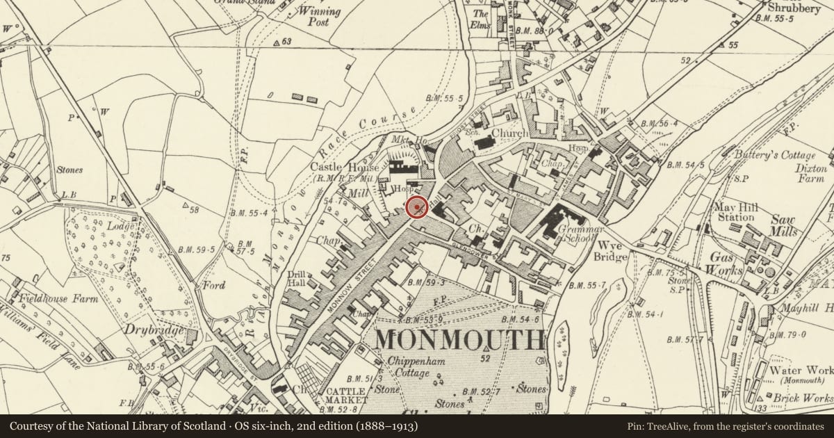 Ordnance Survey six-inch map, 2nd edition (1888–1913) covering the location of 1 Monnow Street, Monmouth, Monmouthshire, with a pin at the register's coordinates