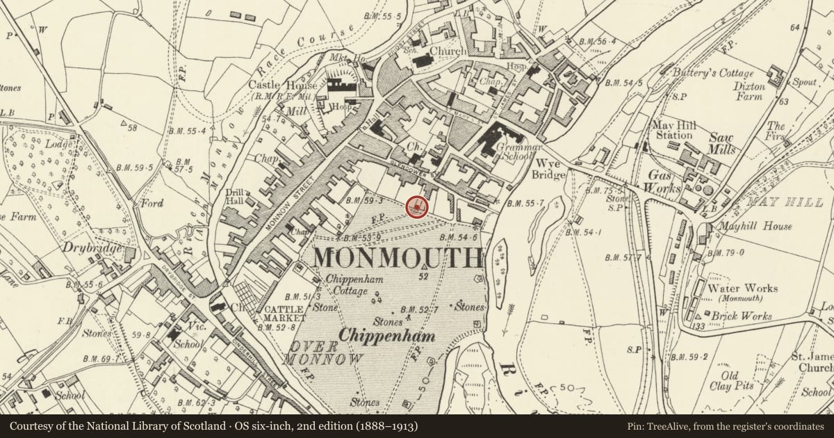Ordnance Survey six-inch map, 2nd edition (1888–1913) covering the location of Railings and Gate of No.17 (Police Station) fronting Chippenham, Monmouth, Monmouthshire, with a pin at the register's coordinates