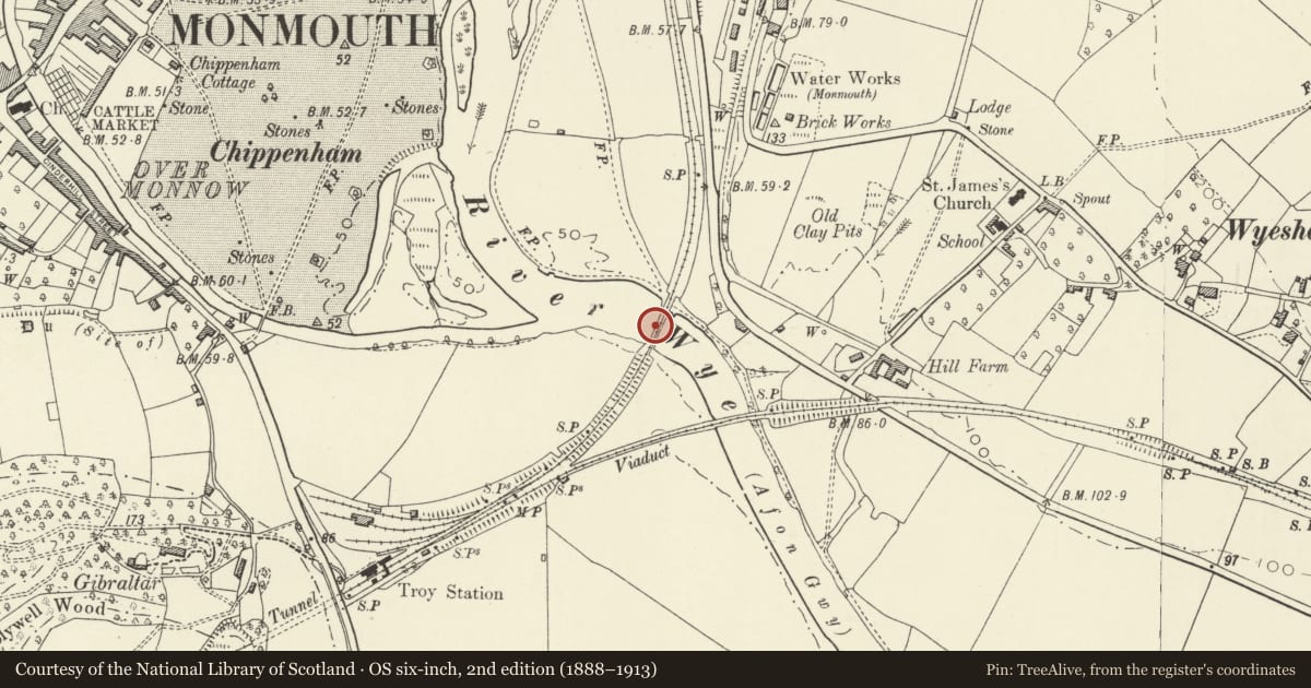 Ordnance Survey six-inch map, 2nd edition (1888–1913) covering the location of Railway Bridge, Monmouth, Monmouthshire, with a pin at the register's coordinates