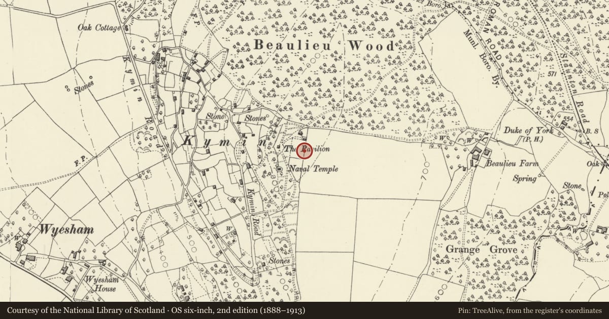 Ordnance Survey six-inch map, 2nd edition (1888–1913) covering the location of Retaining Wall of Bowling Green at The Kymin, Monmouth, Monmouthshire, with a pin at the register's coordinates