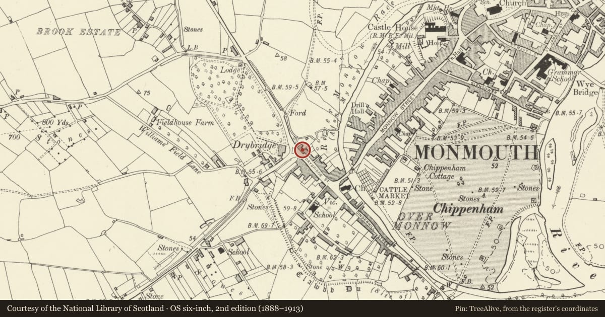 Ordnance Survey six-inch map, 2nd edition (1888–1913) covering the location of 41 Drybridge Street, Monmouth, Monmouthshire, with a pin at the register's coordinates