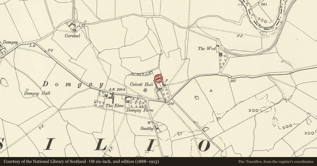 Ordnance Survey six-inch map, 2nd edition (1888–1913) covering the location of U-Plan outbuilding Ranges to N. & E. of Calcott Hall, Llandysilio, Powys, with a pin at the register's coordinates