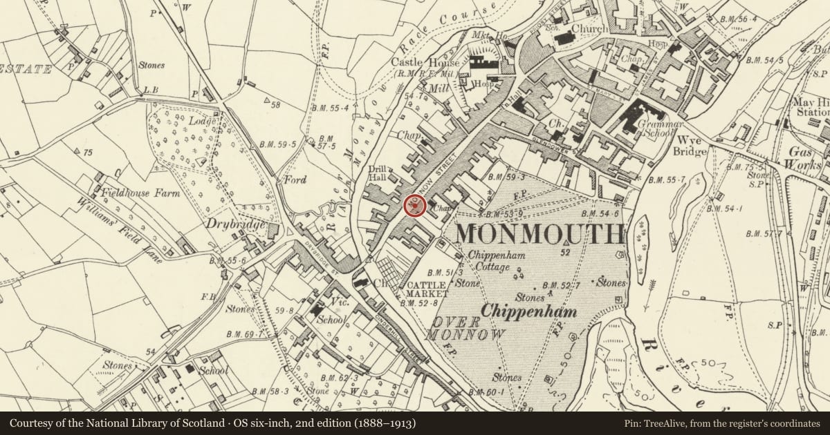 Ordnance Survey six-inch map, 2nd edition (1888–1913) covering the location of 100 Monnow Street, Monmouth, Monmouthshire, with a pin at the register's coordinates