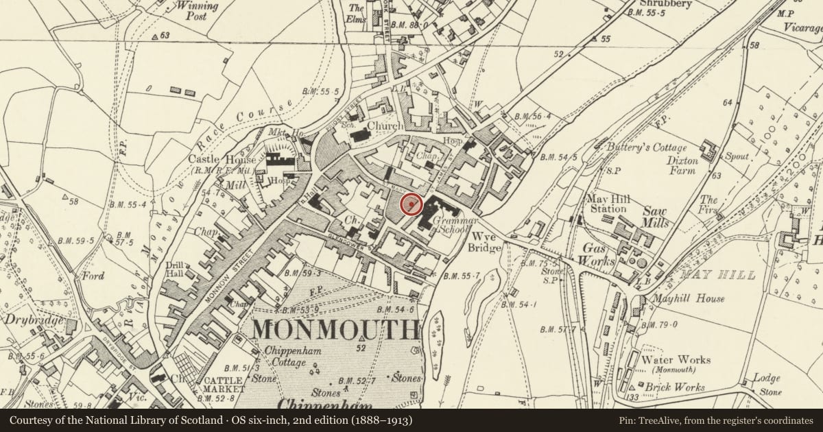Ordnance Survey six-inch map, 2nd edition (1888–1913) covering the location of 9 Almshouse Street, Monmouth, Monmouthshire, with a pin at the register's coordinates