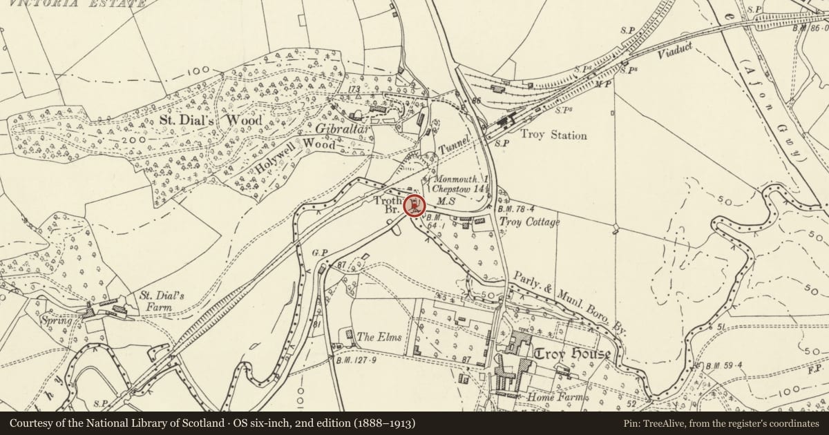 Ordnance Survey six-inch map, 2nd edition (1888–1913) covering the location of Trothy Bridge, Monmouth, Monmouthshire, with a pin at the register's coordinates