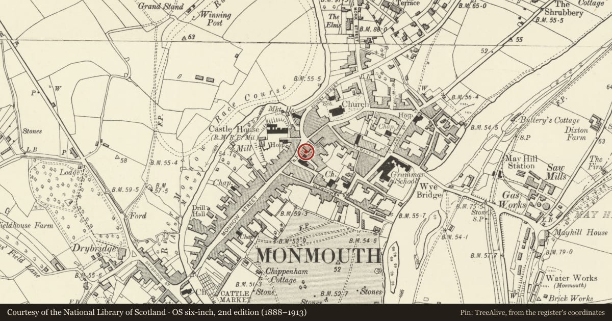 Ordnance Survey six-inch map, 2nd edition (1888–1913) covering the location of Two Telephone Call-boxes beside The Shire Hall, Monmouth, Monmouthshire, with a pin at the register's coordinates