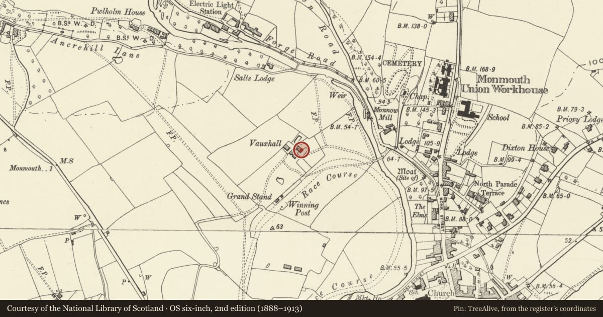Ordnance Survey six-inch map, 2nd edition (1888–1913) covering the location of Vauxhall Farmhouse, Monmouth, Monmouthshire, with a pin at the register's coordinates