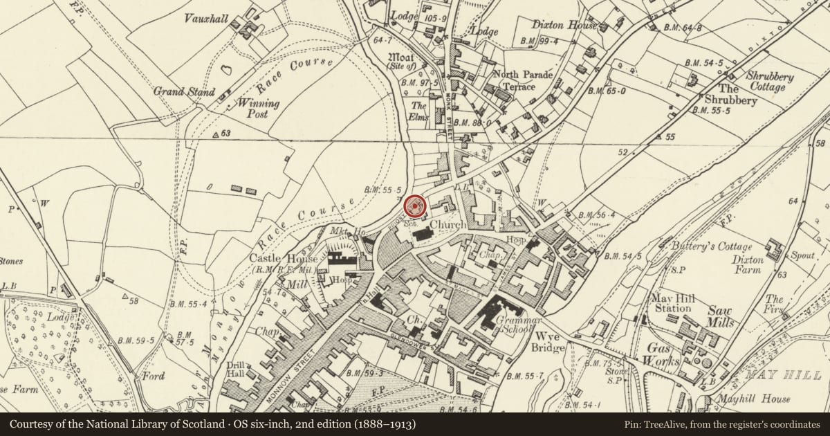 Ordnance Survey six-inch map, 2nd edition (1888–1913) covering the location of Wall and Gateway of Monmouth Priory Centre, Monmouthshire, with a pin at the register's coordinates