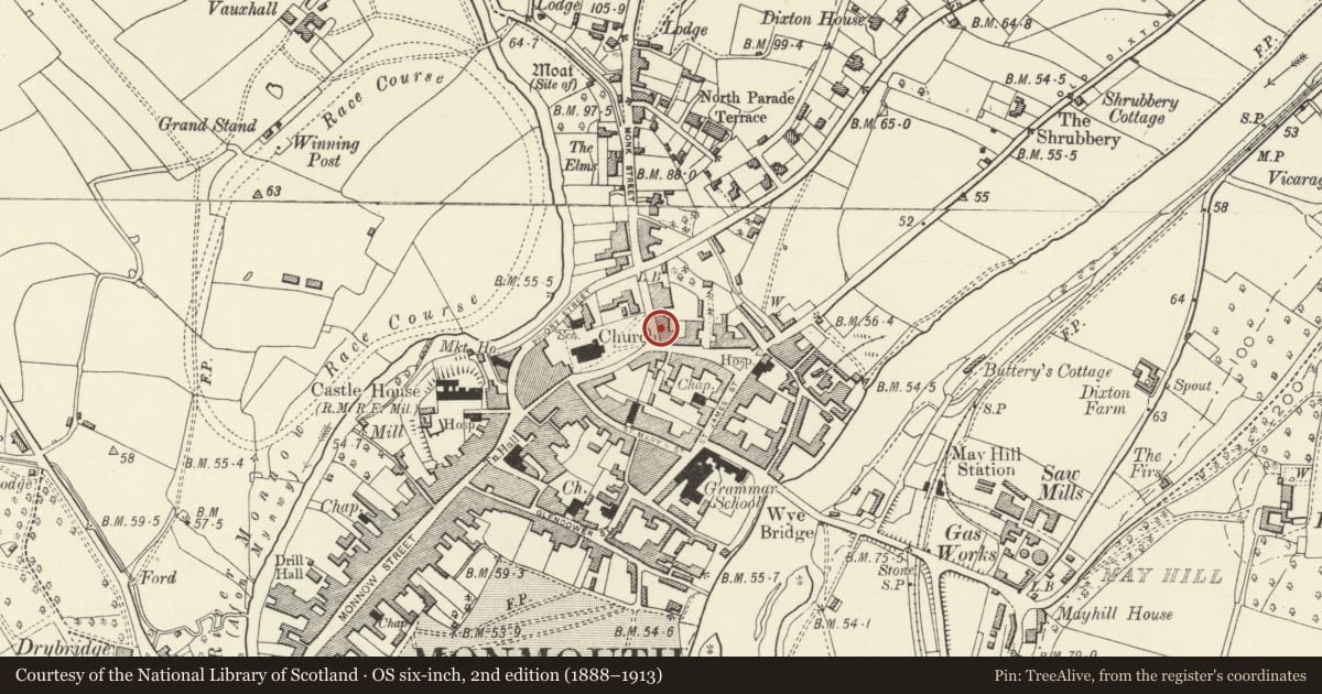 Ordnance Survey six-inch map, 2nd edition (1888–1913) covering the location of Wall, Gatepiers, Gates and Railings of the Arts Centre, Monmouth, Monmouthshire, with a pin at the register's coordinates