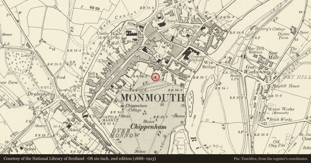 Ordnance Survey six-inch map, 2nd edition (1888–1913) covering the location of Wall, Railings, Gatepiers and Gates of Henry Burton Court, Monmouth, Monmouthshire, with a pin at the register's coordinates